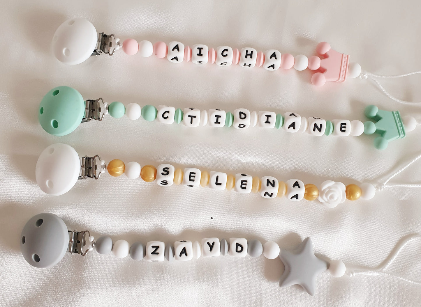 Attache tétine personnalisée avec prénom et perles en silicone – accessoire sécurisé pour bébé, fait main en France