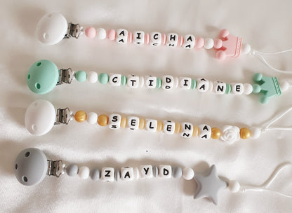 Attache tétine personnalisée avec prénom et perles en silicone – accessoire sécurisé pour bébé, fait main en France